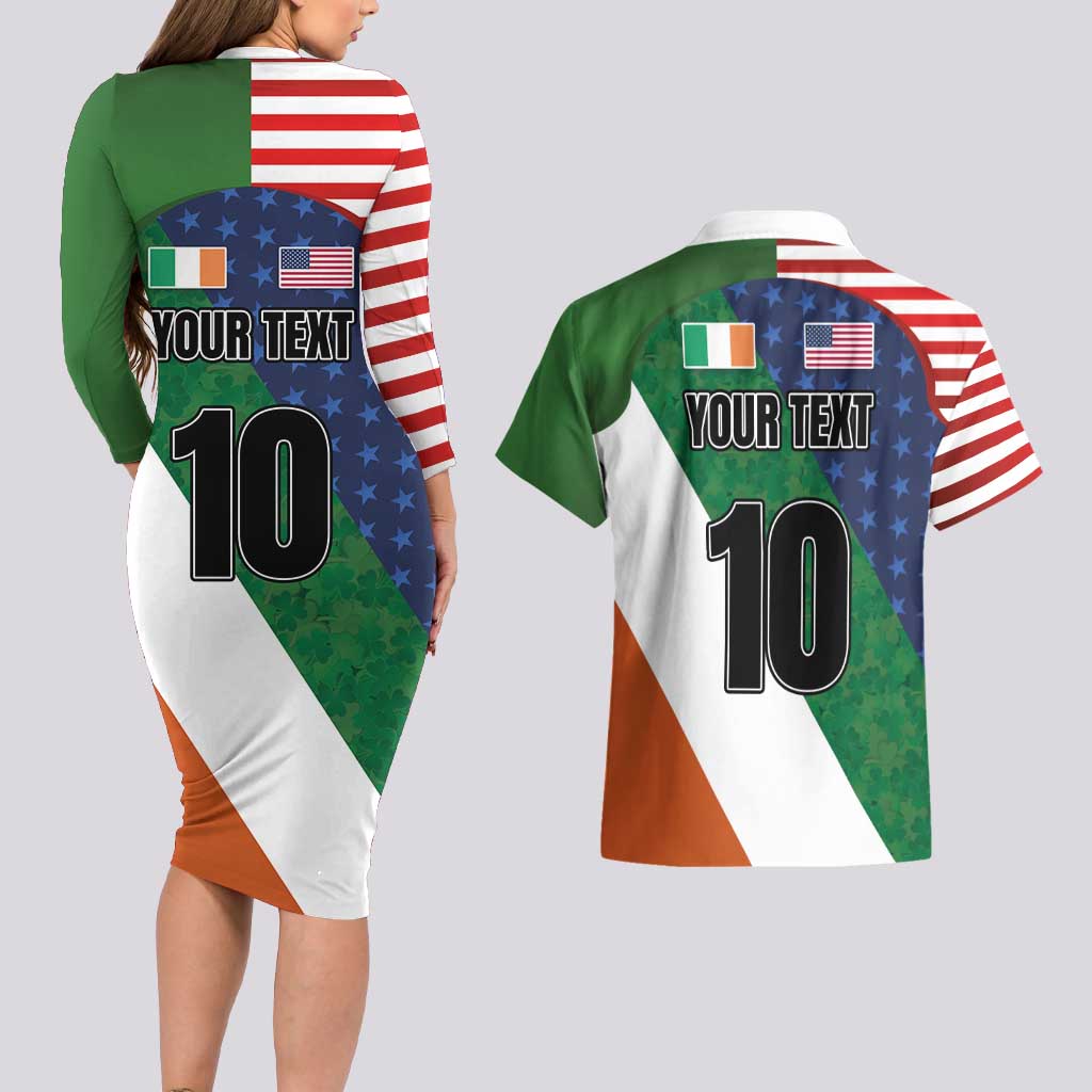 Custom Ireland and United States Couples Matching Long Sleeve Bodycon Dress and Hawaiian Shirt Shamrocks and American Flag Style