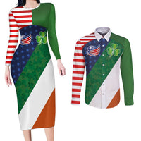 Custom Ireland and United States Couples Matching Long Sleeve Bodycon Dress and Long Sleeve Button Shirt Shamrocks and American Flag Style