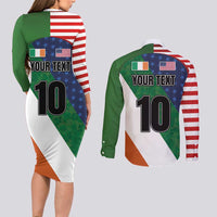 Custom Ireland and United States Couples Matching Long Sleeve Bodycon Dress and Long Sleeve Button Shirt Shamrocks and American Flag Style