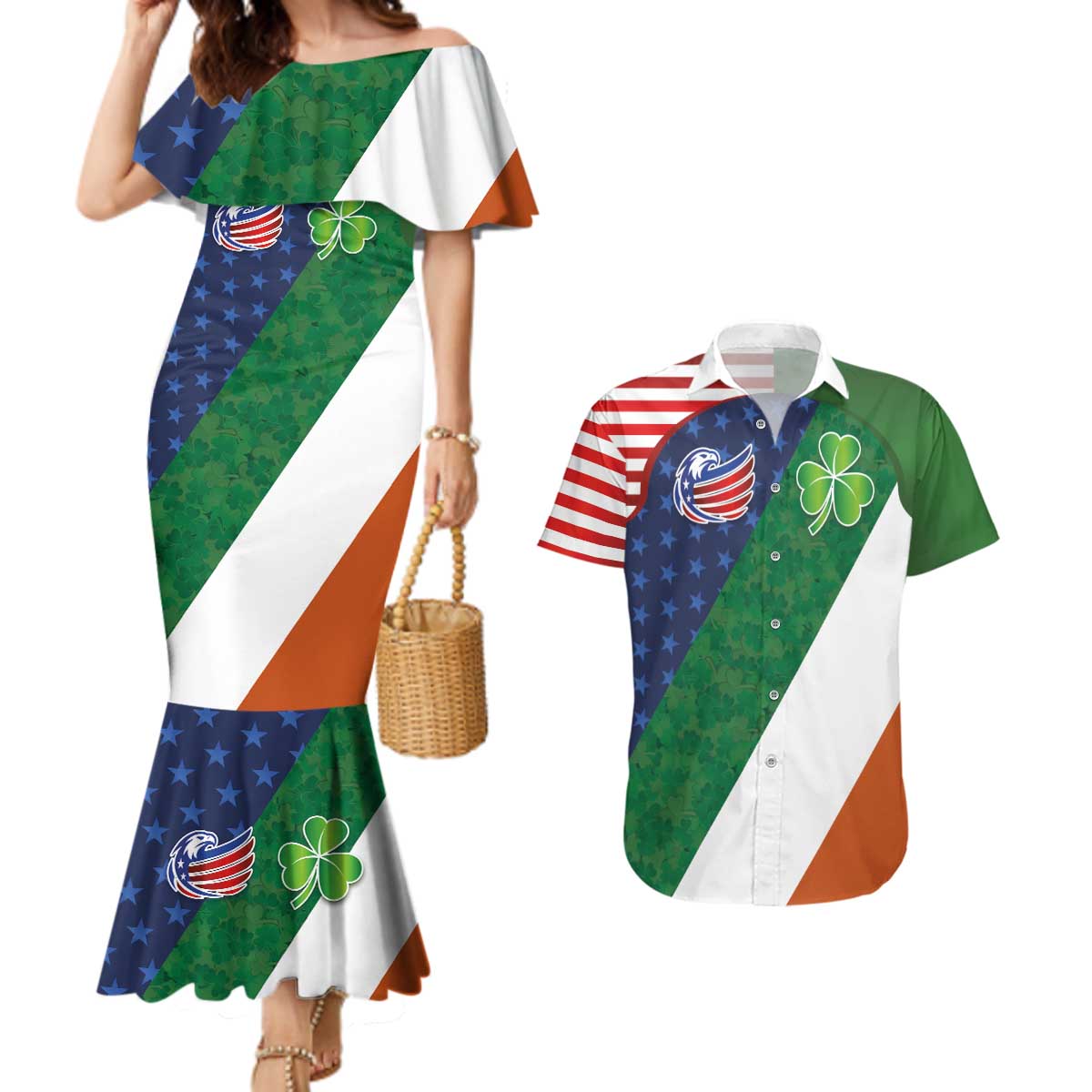 Custom Ireland and United States Couples Matching Mermaid Dress and Hawaiian Shirt Shamrocks and American Flag Style