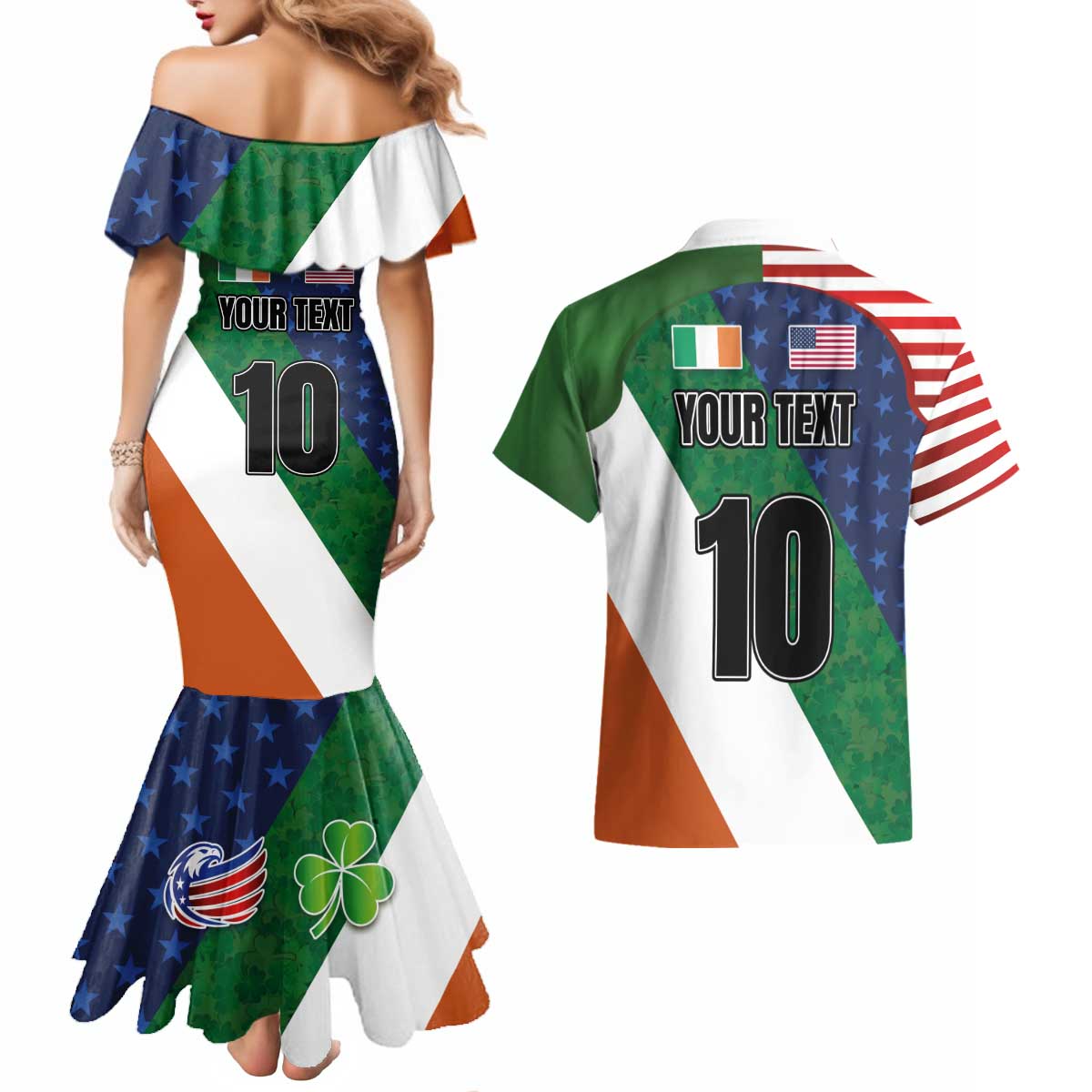 Custom Ireland and United States Couples Matching Mermaid Dress and Hawaiian Shirt Shamrocks and American Flag Style
