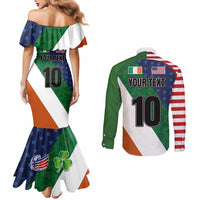 Custom Ireland and United States Couples Matching Mermaid Dress and Long Sleeve Button Shirt Shamrocks and American Flag Style