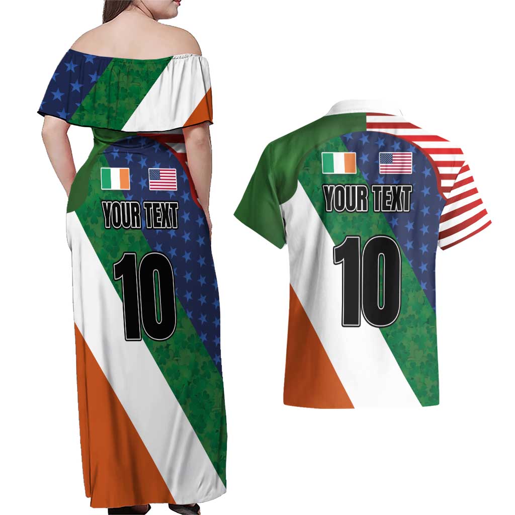 Custom Ireland and United States Couples Matching Off Shoulder Maxi Dress and Hawaiian Shirt Shamrocks and American Flag Style