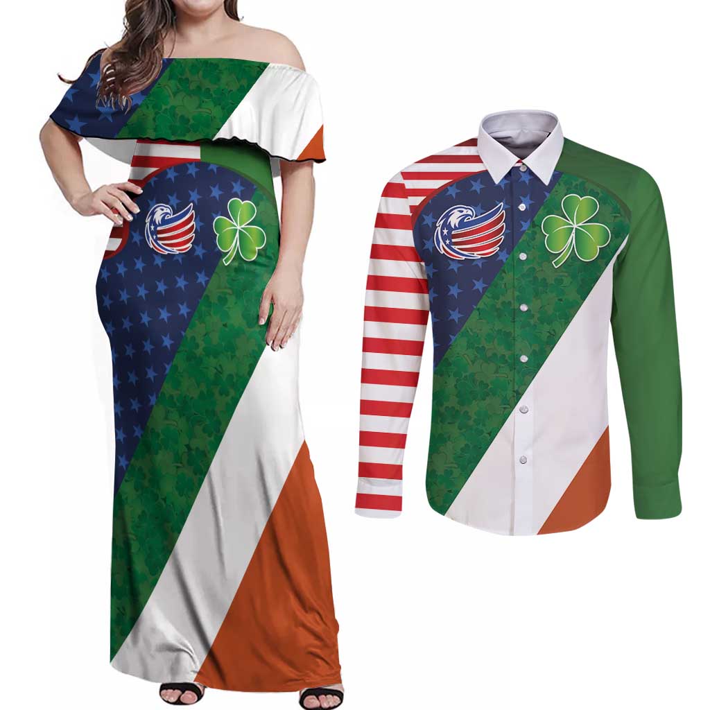Custom Ireland and United States Couples Matching Off Shoulder Maxi Dress and Long Sleeve Button Shirt Shamrocks and American Flag Style