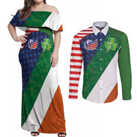 Custom Ireland and United States Couples Matching Off Shoulder Maxi Dress and Long Sleeve Button Shirt Shamrocks and American Flag Style