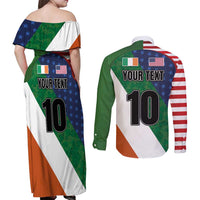 Custom Ireland and United States Couples Matching Off Shoulder Maxi Dress and Long Sleeve Button Shirt Shamrocks and American Flag Style