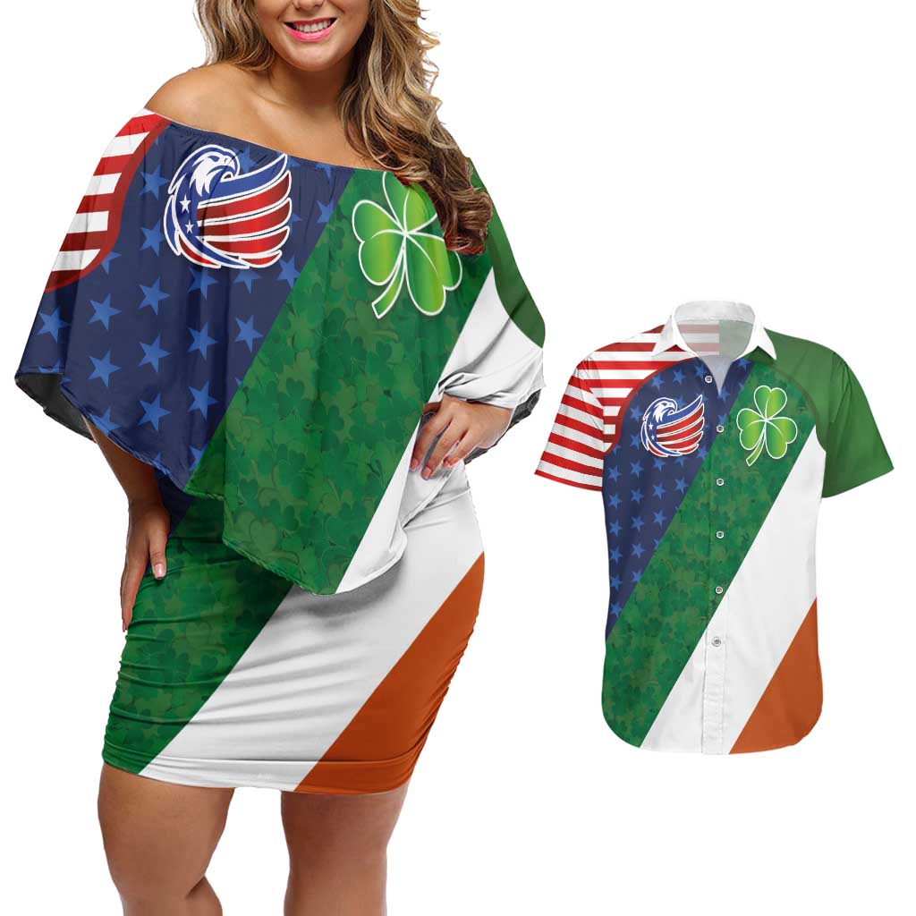 Custom Ireland and United States Couples Matching Off Shoulder Short Dress and Hawaiian Shirt Shamrocks and American Flag Style