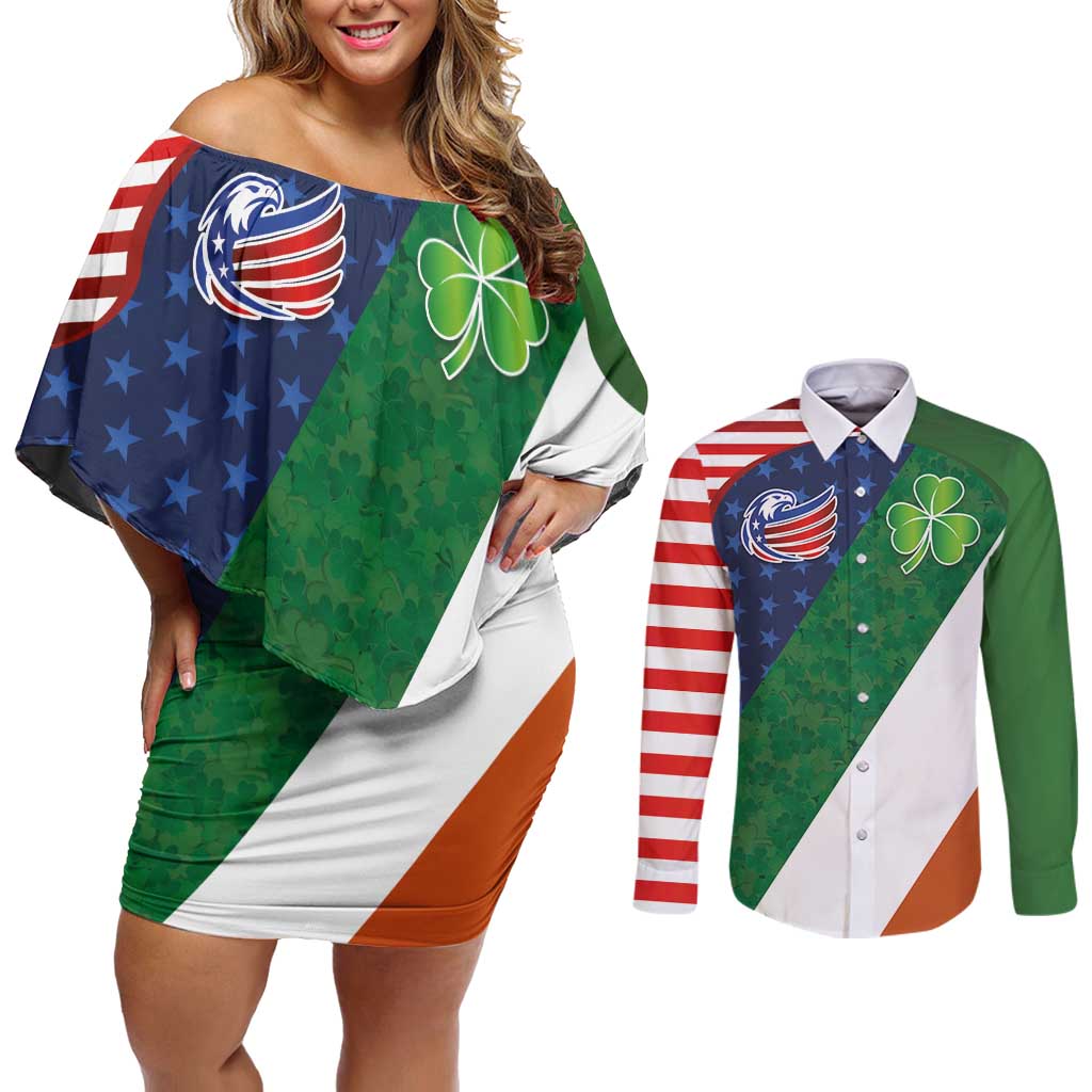Custom Ireland and United States Couples Matching Off Shoulder Short Dress and Long Sleeve Button Shirt Shamrocks and American Flag Style