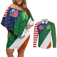 Custom Ireland and United States Couples Matching Off Shoulder Short Dress and Long Sleeve Button Shirt Shamrocks and American Flag Style