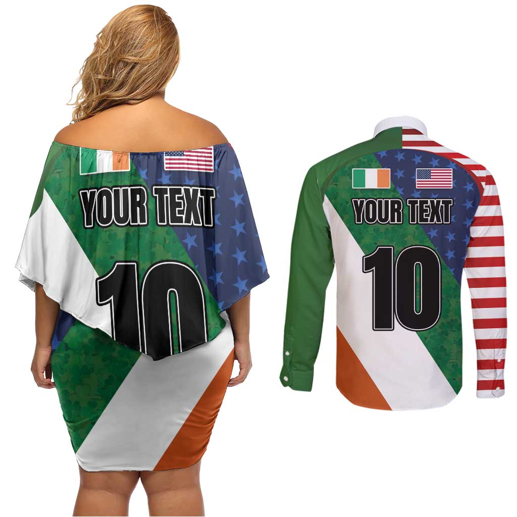 Custom Ireland and United States Couples Matching Off Shoulder Short Dress and Long Sleeve Button Shirt Shamrocks and American Flag Style