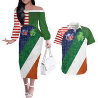 Custom Ireland and United States Couples Matching Off The Shoulder Long Sleeve Dress and Hawaiian Shirt Shamrocks and American Flag Style