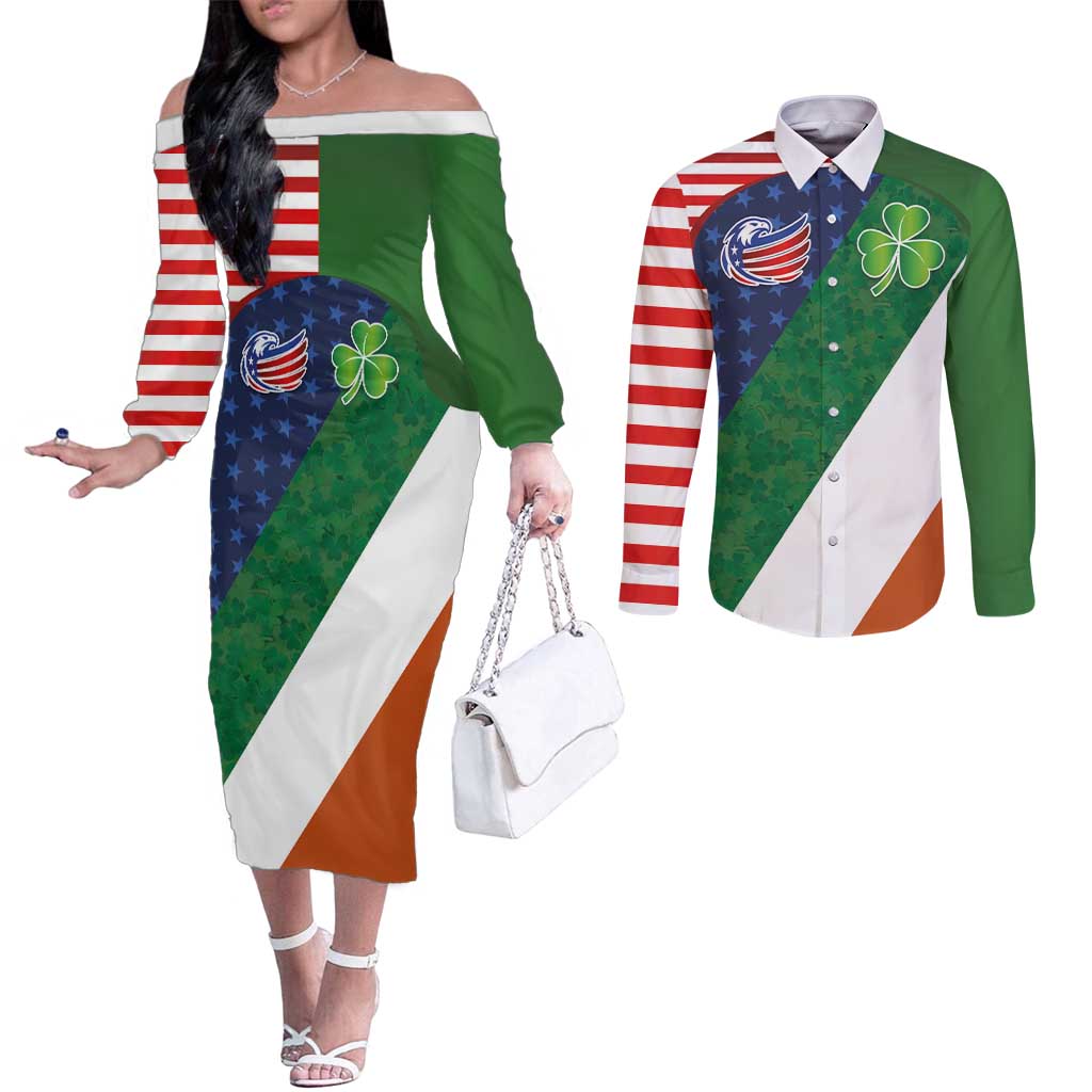 Custom Ireland and United States Couples Matching Off The Shoulder Long Sleeve Dress and Long Sleeve Button Shirt Shamrocks and American Flag Style