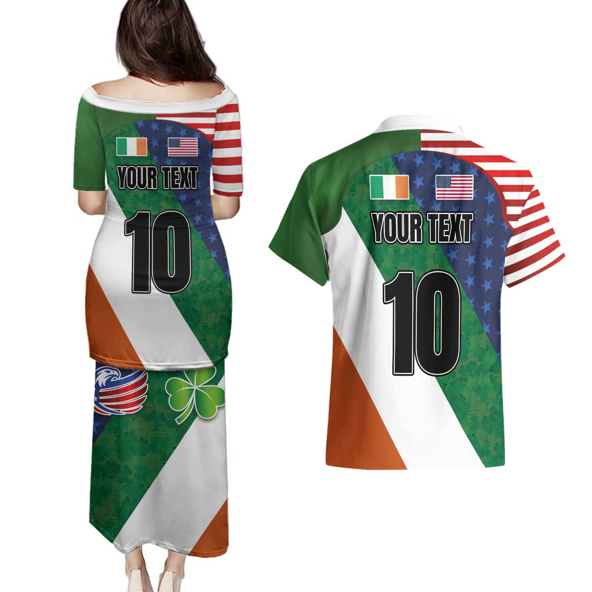 Custom Ireland and United States Couples Matching Puletasi and Hawaiian Shirt Shamrocks and American Flag Style