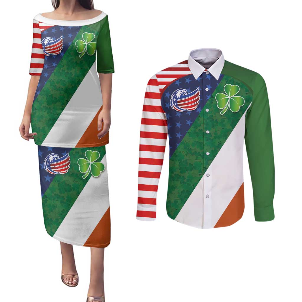 Custom Ireland and United States Couples Matching Puletasi and Long Sleeve Button Shirt Shamrocks and American Flag Style