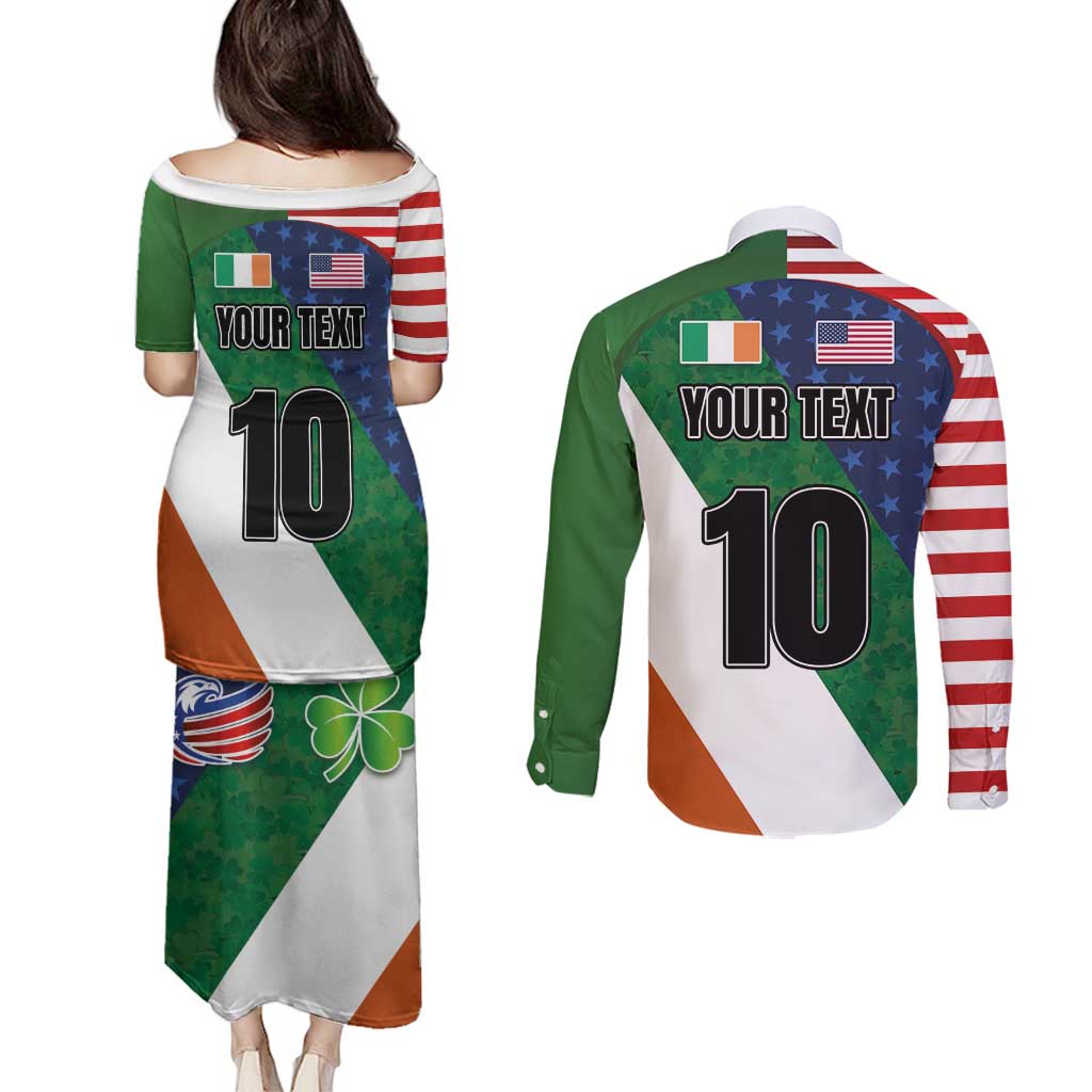 Custom Ireland and United States Couples Matching Puletasi and Long Sleeve Button Shirt Shamrocks and American Flag Style