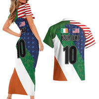 Custom Ireland and United States Couples Matching Short Sleeve Bodycon Dress and Hawaiian Shirt Shamrocks and American Flag Style