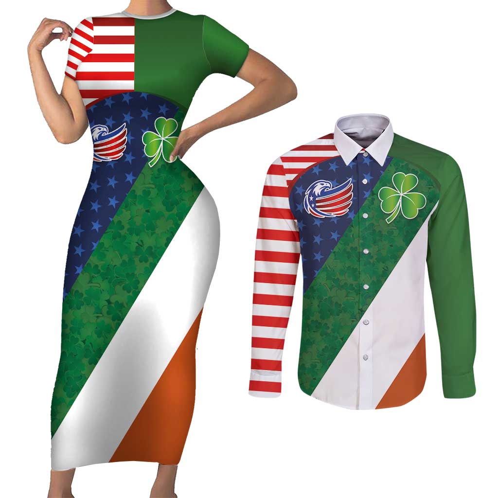Custom Ireland and United States Couples Matching Short Sleeve Bodycon Dress and Long Sleeve Button Shirt Shamrocks and American Flag Style