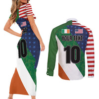 Custom Ireland and United States Couples Matching Short Sleeve Bodycon Dress and Long Sleeve Button Shirt Shamrocks and American Flag Style