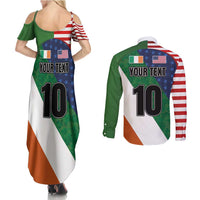 Custom Ireland and United States Couples Matching Summer Maxi Dress and Long Sleeve Button Shirt Shamrocks and American Flag Style