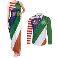Custom Ireland and United States Couples Matching Tank Maxi Dress and Long Sleeve Button Shirt Shamrocks and American Flag Style
