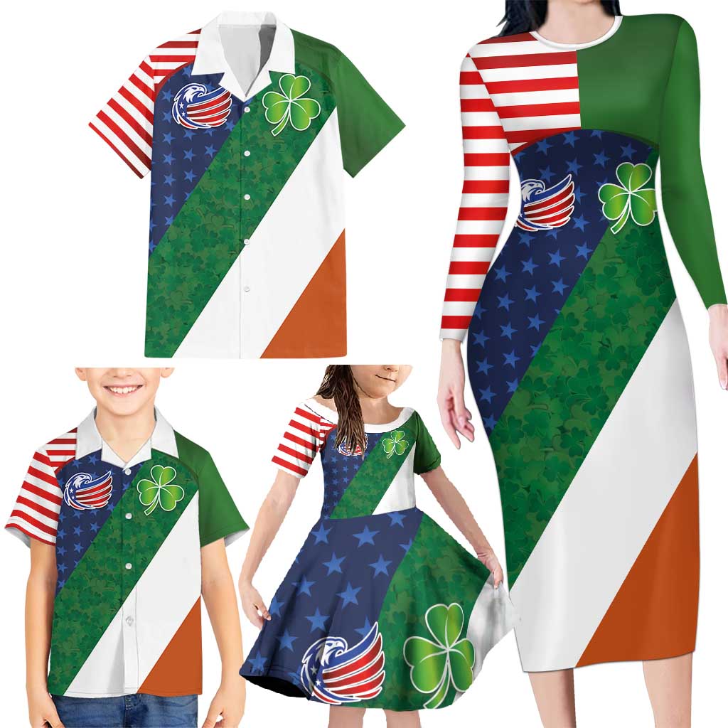 Custom Ireland and United States Family Matching Long Sleeve Bodycon Dress and Hawaiian Shirt Shamrocks and American Flag Style