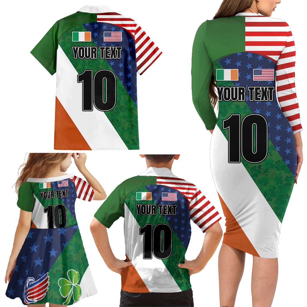 Custom Ireland and United States Family Matching Long Sleeve Bodycon Dress and Hawaiian Shirt Shamrocks and American Flag Style
