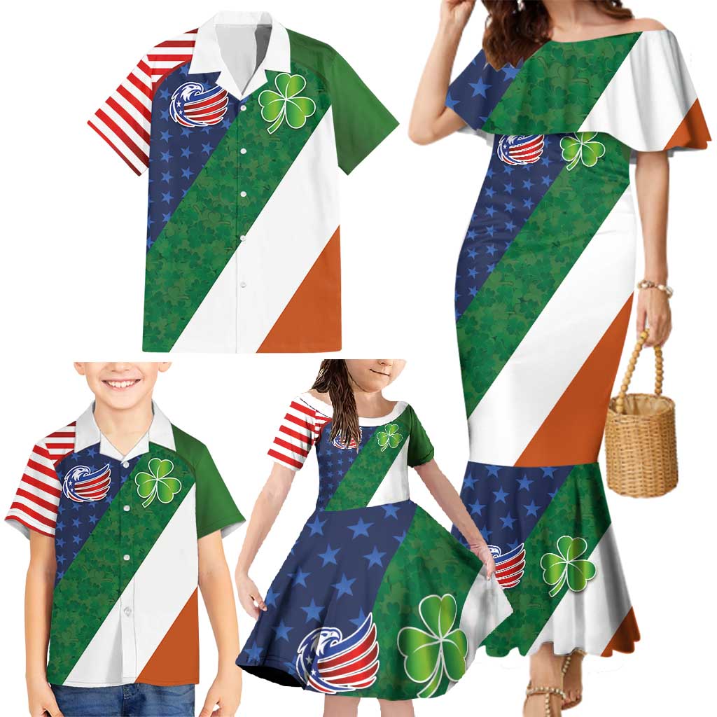 Custom Ireland and United States Family Matching Mermaid Dress and Hawaiian Shirt Shamrocks and American Flag Style