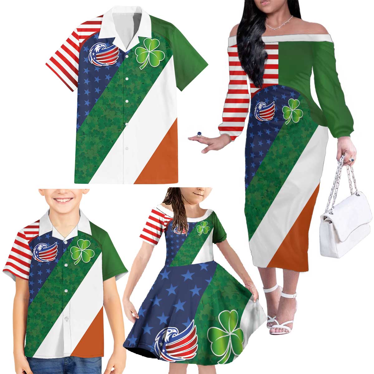 Custom Ireland and United States Family Matching Off The Shoulder Long Sleeve Dress and Hawaiian Shirt Shamrocks and American Flag Style
