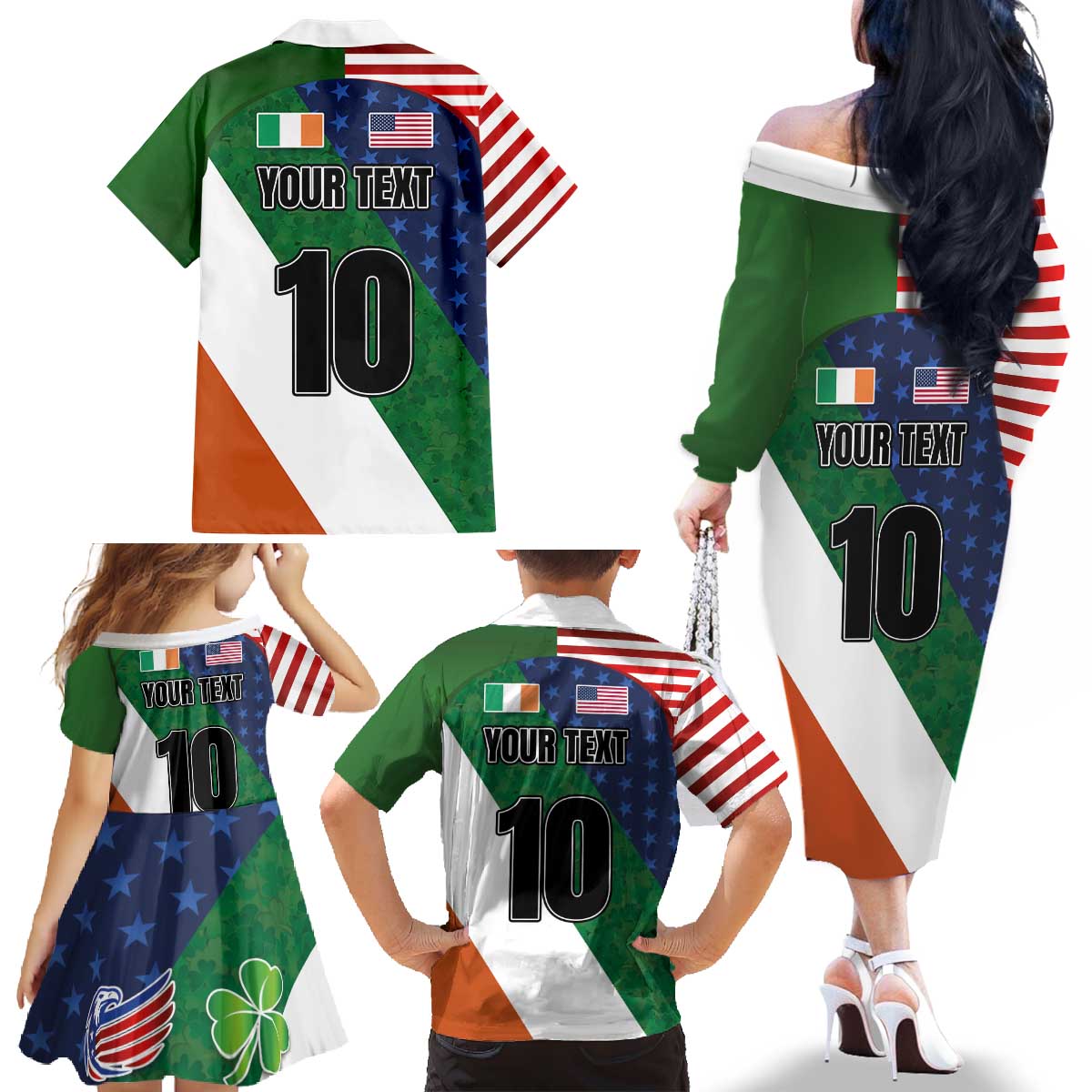 Custom Ireland and United States Family Matching Off The Shoulder Long Sleeve Dress and Hawaiian Shirt Shamrocks and American Flag Style