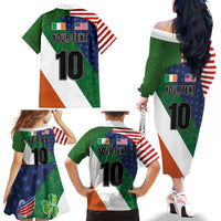 Custom Ireland and United States Family Matching Off The Shoulder Long Sleeve Dress and Hawaiian Shirt Shamrocks and American Flag Style