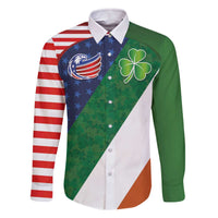 Custom Ireland and United States Family Matching Off The Shoulder Long Sleeve Dress and Hawaiian Shirt Shamrocks and American Flag Style