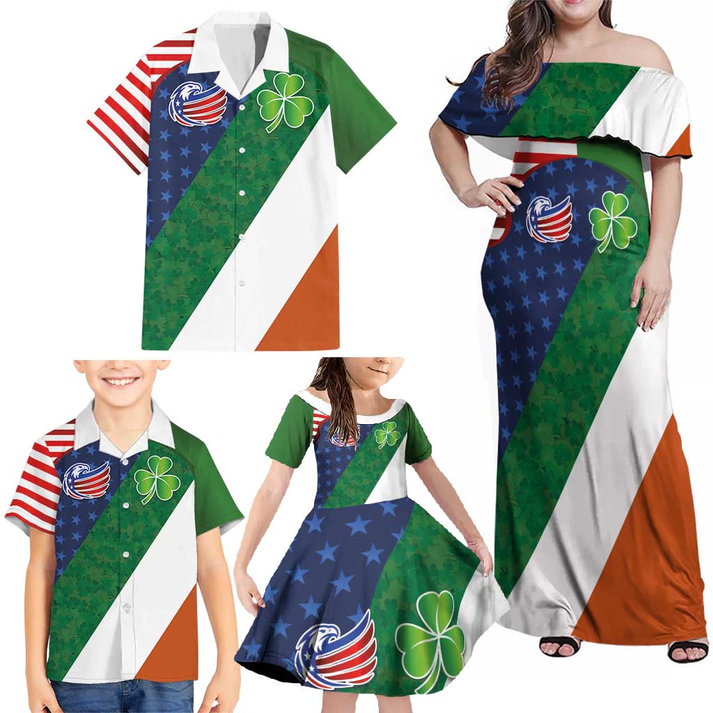 Custom Ireland and United States Family Matching Off Shoulder Maxi Dress and Hawaiian Shirt Shamrocks and American Flag Style