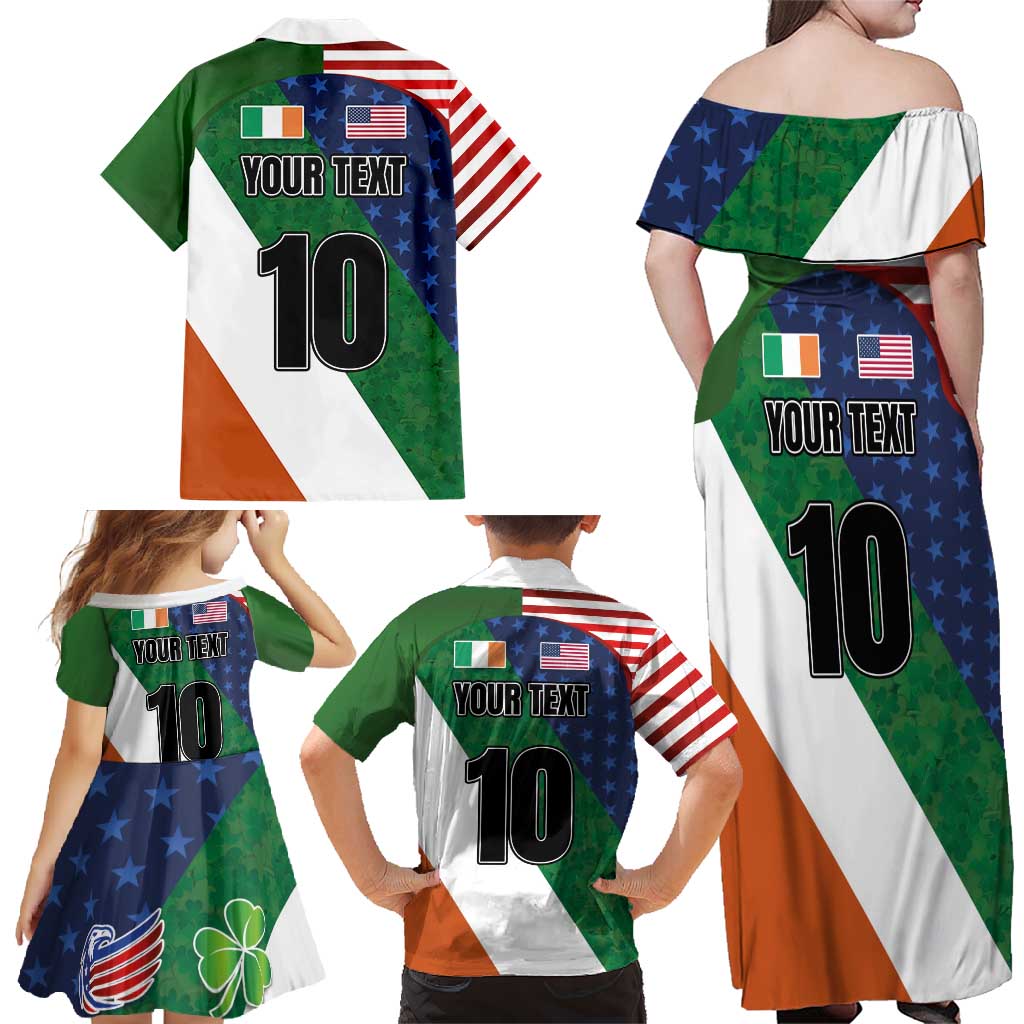 Custom Ireland and United States Family Matching Off Shoulder Maxi Dress and Hawaiian Shirt Shamrocks and American Flag Style