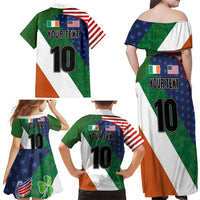 Custom Ireland and United States Family Matching Off Shoulder Maxi Dress and Hawaiian Shirt Shamrocks and American Flag Style