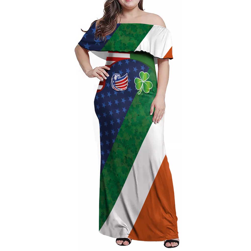 Custom Ireland and United States Family Matching Off Shoulder Maxi Dress and Hawaiian Shirt Shamrocks and American Flag Style