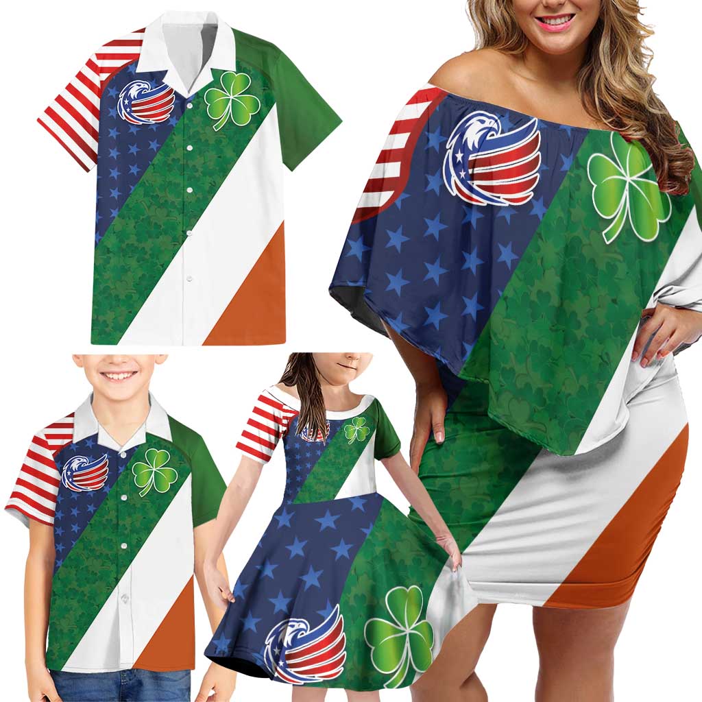Custom Ireland and United States Family Matching Off Shoulder Short Dress and Hawaiian Shirt Shamrocks and American Flag Style