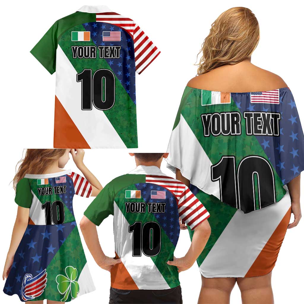 Custom Ireland and United States Family Matching Off Shoulder Short Dress and Hawaiian Shirt Shamrocks and American Flag Style