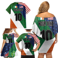 Custom Ireland and United States Family Matching Off Shoulder Short Dress and Hawaiian Shirt Shamrocks and American Flag Style