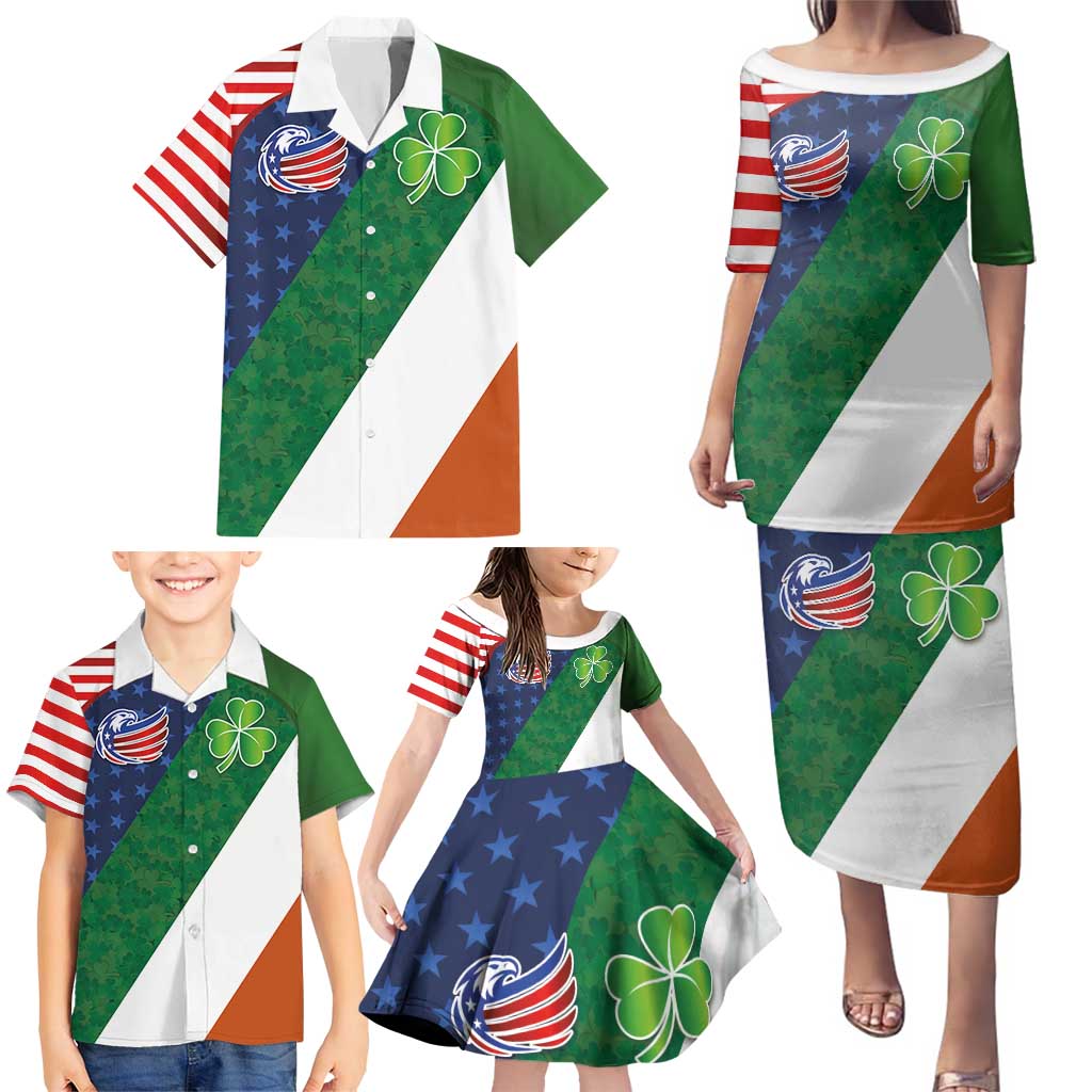 Custom Ireland and United States Family Matching Puletasi and Hawaiian Shirt Shamrocks and American Flag Style