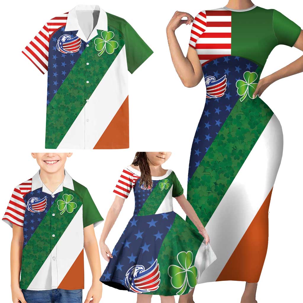 Custom Ireland and United States Family Matching Short Sleeve Bodycon Dress and Hawaiian Shirt Shamrocks and American Flag Style