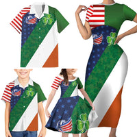 Custom Ireland and United States Family Matching Short Sleeve Bodycon Dress and Hawaiian Shirt Shamrocks and American Flag Style