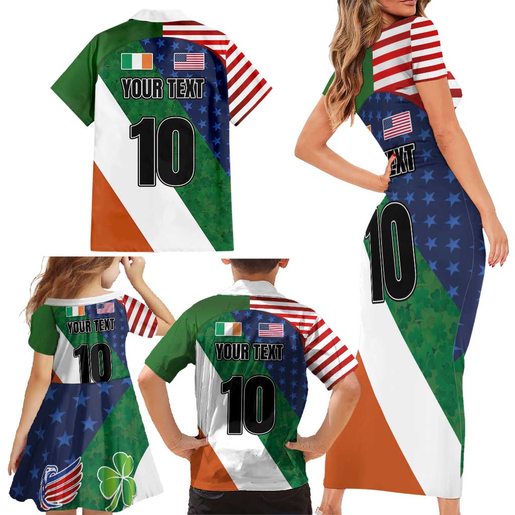 Custom Ireland and United States Family Matching Short Sleeve Bodycon Dress and Hawaiian Shirt Shamrocks and American Flag Style