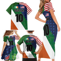 Custom Ireland and United States Family Matching Short Sleeve Bodycon Dress and Hawaiian Shirt Shamrocks and American Flag Style