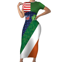 Custom Ireland and United States Family Matching Short Sleeve Bodycon Dress and Hawaiian Shirt Shamrocks and American Flag Style