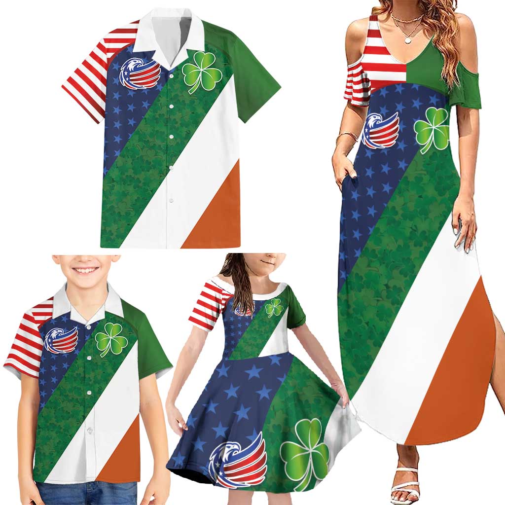 Custom Ireland and United States Family Matching Summer Maxi Dress and Hawaiian Shirt Shamrocks and American Flag Style