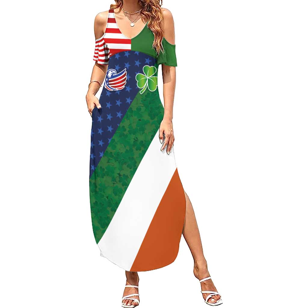 Custom Ireland and United States Family Matching Summer Maxi Dress and Hawaiian Shirt Shamrocks and American Flag Style