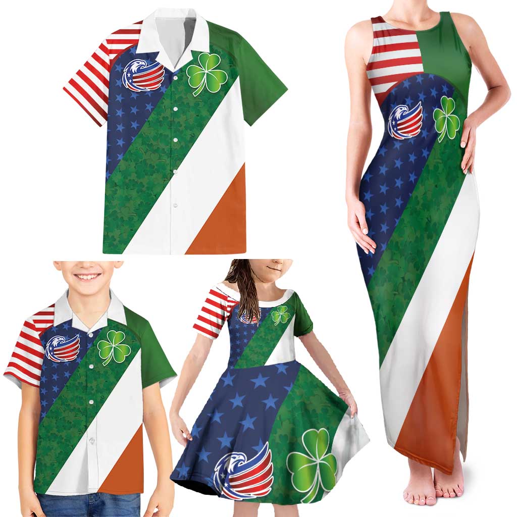 Custom Ireland and United States Family Matching Tank Maxi Dress and Hawaiian Shirt Shamrocks and American Flag Style