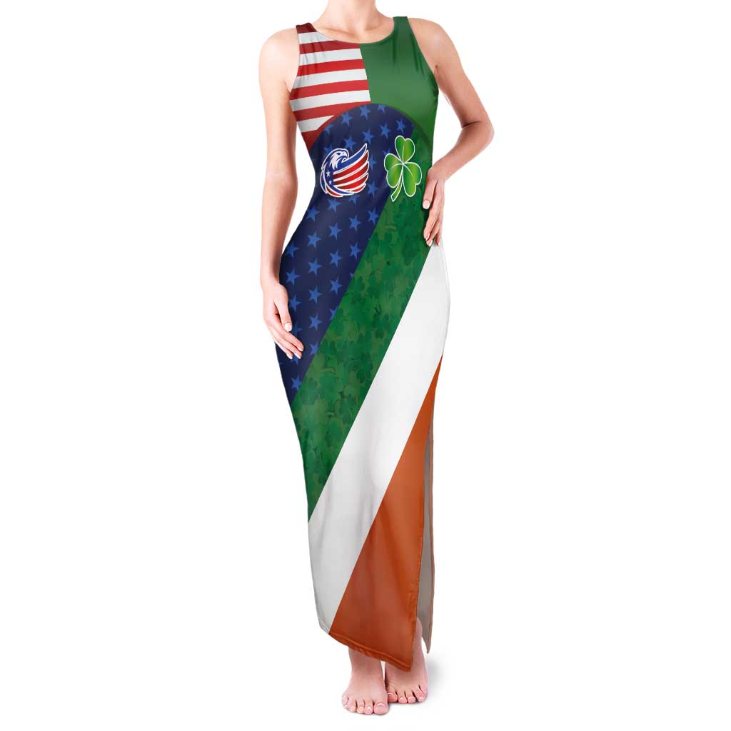 Custom Ireland and United States Family Matching Tank Maxi Dress and Hawaiian Shirt Shamrocks and American Flag Style