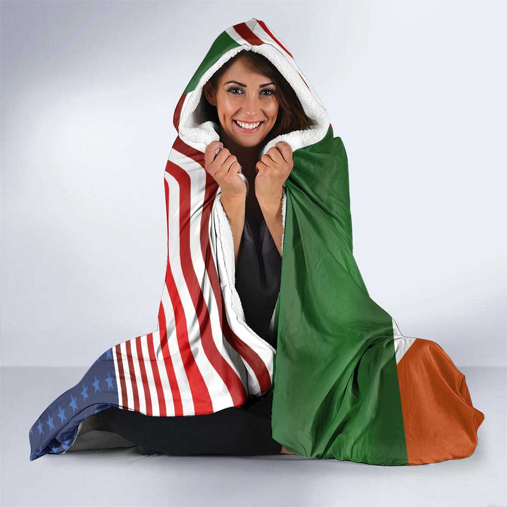 Custom Ireland and United States Hooded Blanket Shamrocks and American Flag Style