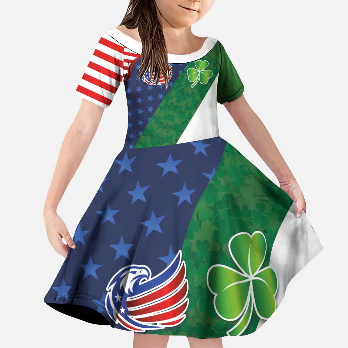 Custom Ireland and United States Kid Short Sleeve Dress Shamrocks and American Flag Style